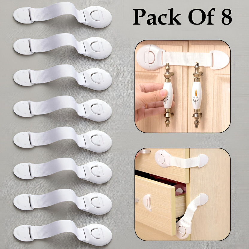 KIDZHALL (Pack of 8) Child Safety Strap Locks Baby Locks for Cabinets and Drawers(White)