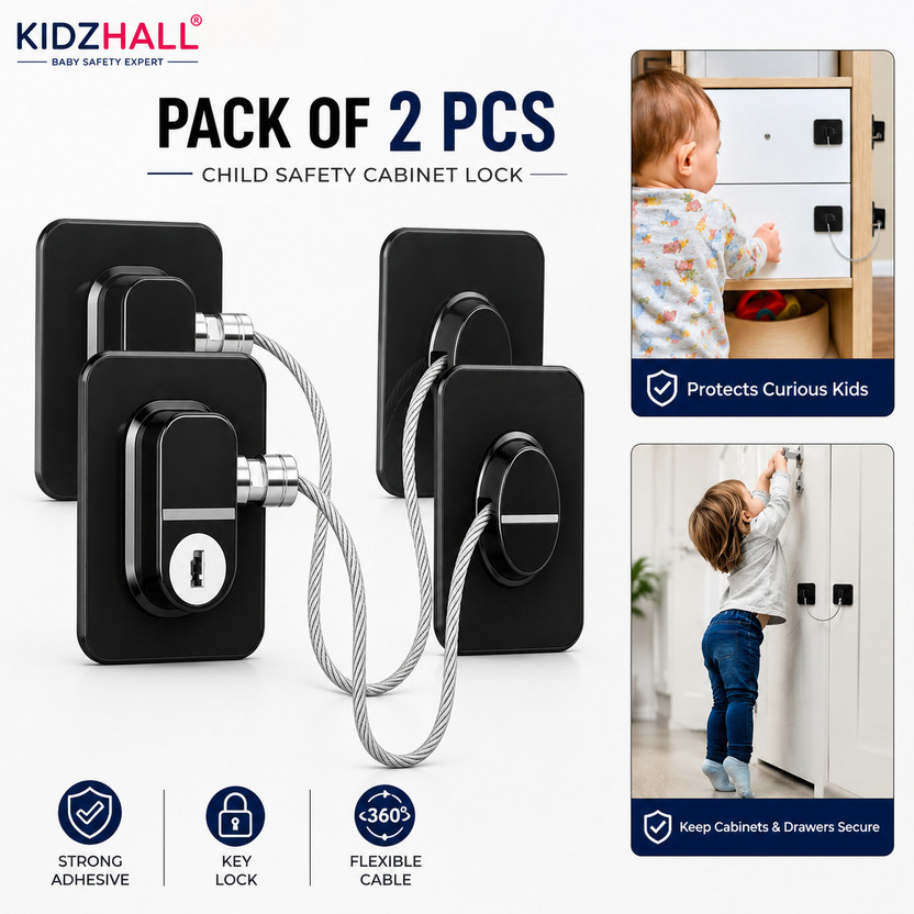 KIDZHALL Pack Of 2 Metal Lock with Keys for Fridge, Cabinet, Drawer Lock For Child Safety(Black)