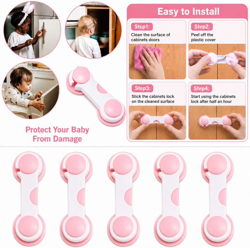 QYRIX Baby Safety Cabinet & Drawer Locks for Kids, Child Proof Strap Locks, Pack of 5(Multicolor)