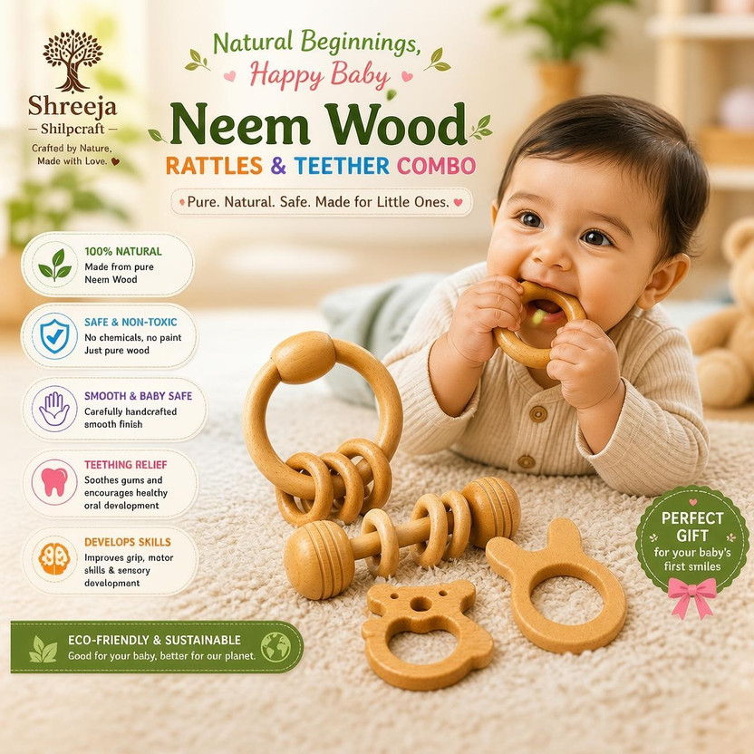 Shreeja Shreeja Shilpcraft Neem Wood Rattles & Teether Combo | 100% Natural Wooden Toys for Babies Rattle(Brown) - Flipkart Deal