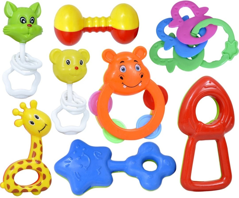 Mira Farmcraft Pack of 8 Rattle Set with Teathers for New Born Babies Toy BPA Free Non-Toxic Rattle(Multicolor)