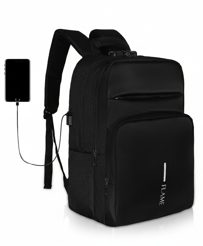 FLAME Anti Theft Backpack With 15.6 inch Laptop, USB Charging Port Laptop Bag Black 32 L Laptop Backpack(Black)