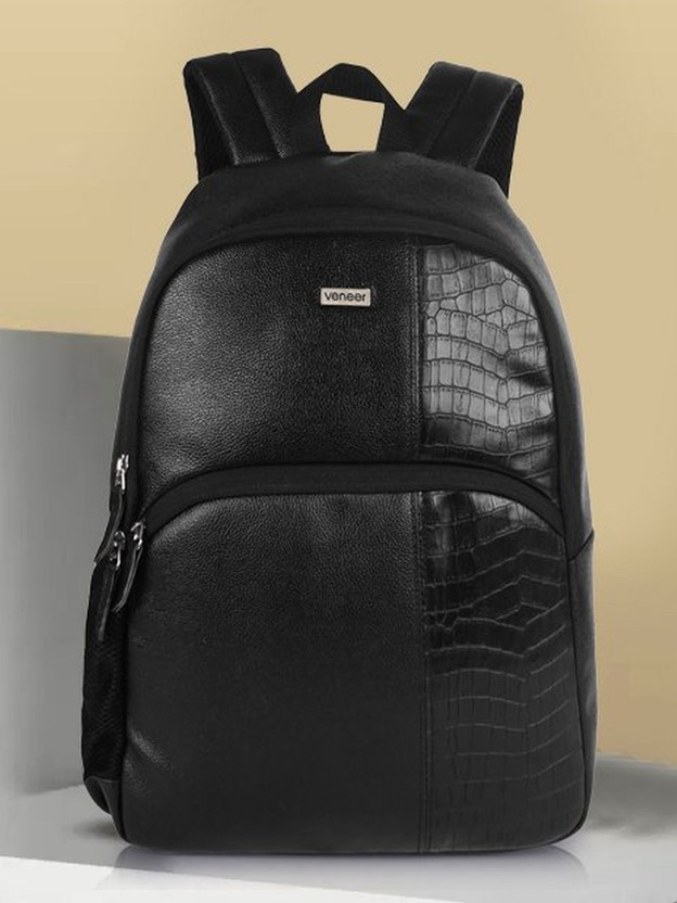 Veneer Classy Vegan Leather Croco Fusion Business Office College Travel Unisex 25 L Laptop Backpack(Black)