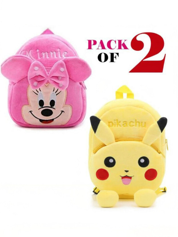 Lizzot Combo Of 2 Minnie & Pikachu School Backpack Soft Plush Bags (2-5 Years) 12 L Backpack(Pink, Yellow)