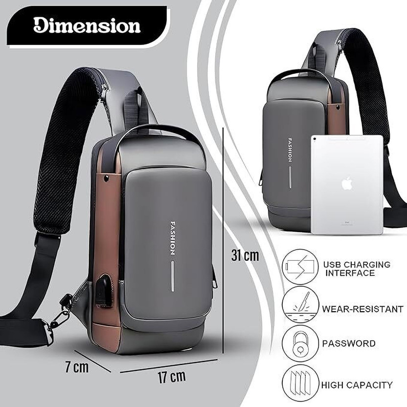 LIFE INDIA New Sling Bag Anti-Theft USB Crossbody Backpack Waterproof Chest Shoulder Bag 15 L Laptop Backpack(Gold, Grey)