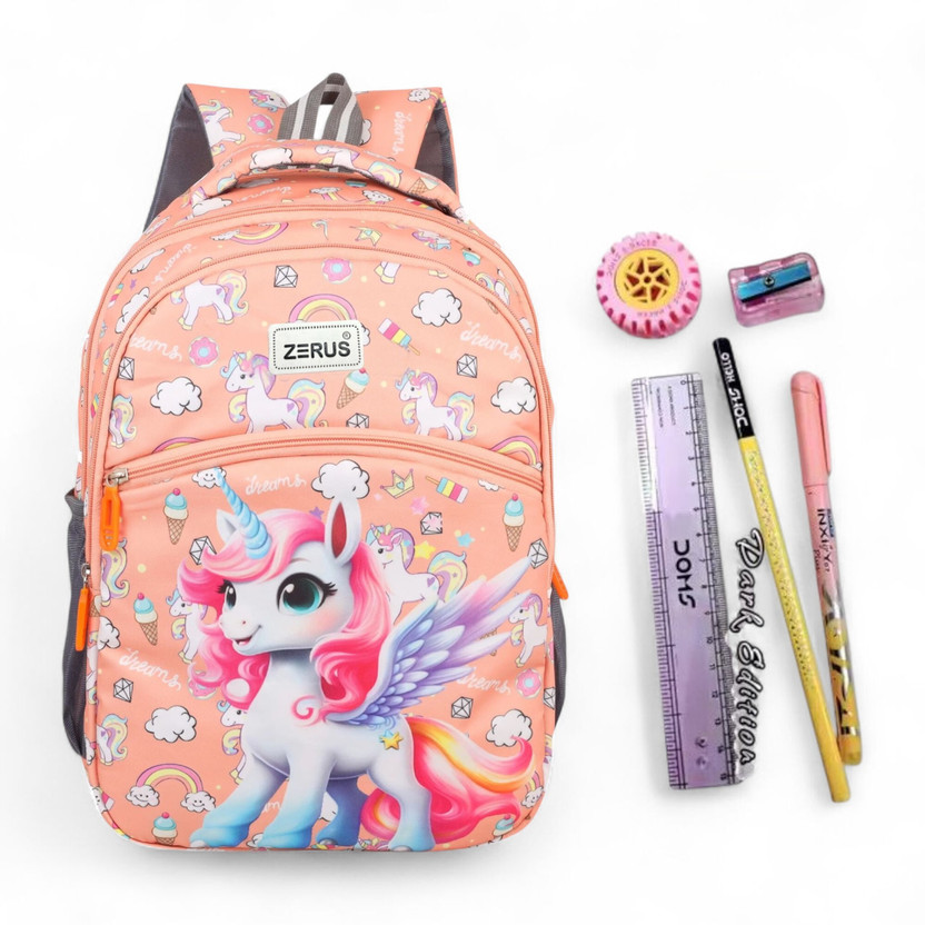 ZERUS Trendy Unicorn Print Girls School Bag with Free Stationery Kit for Students 22 L Backpack(Orange)