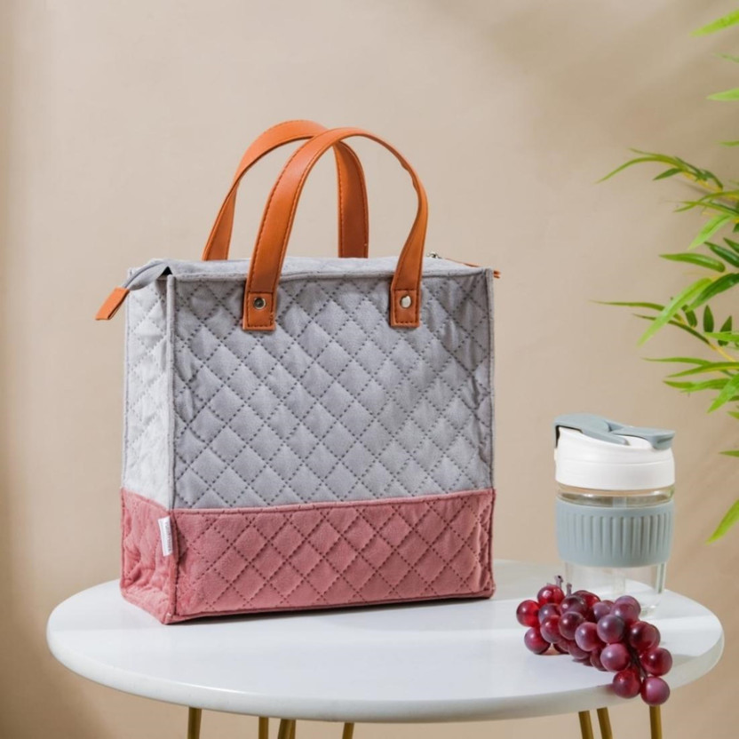 Nestasia Grey and Pink Quilted Luxe Velvet Waterproof and Multipurpose Lunch Bag Waterproof Lunch Bag(Pink, 9.43 inch)