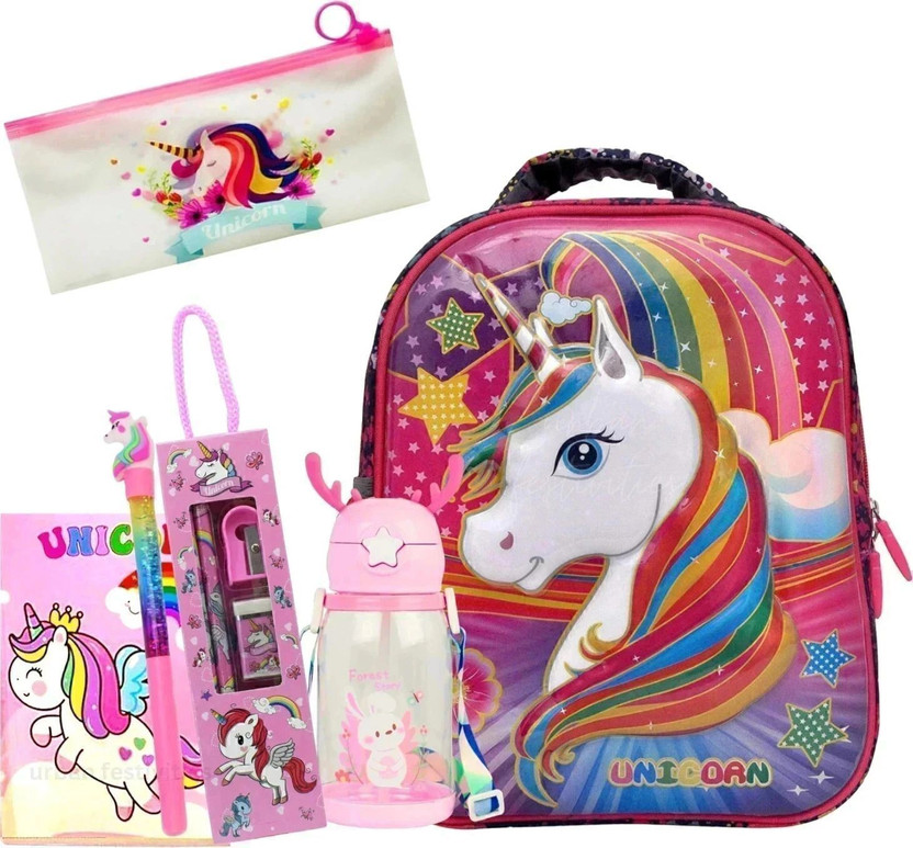 Urban Festivities Unicorn with Bottle Pouch Pen Pencil Diary Stationery Set Waterproof School Bag(Multicolor, 17 L)