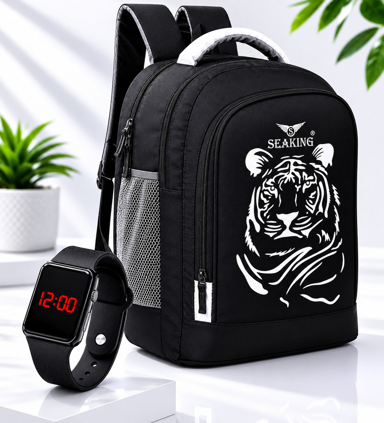 SEAKING School College Backpack with Free LED Digital Watch Travel Bag Waterproof Backpack(Black, 30 L)