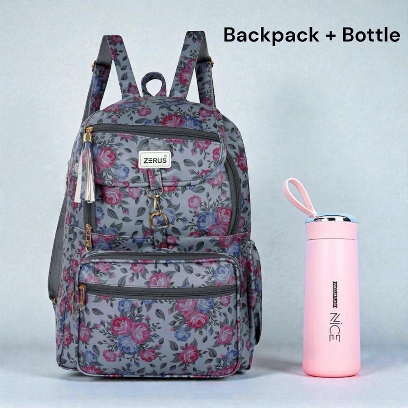 ZERUS Stylish Girls Floral Backpack with Bottle Combo Multi Compartment Waterproof School Bag(Grey, 28 L)