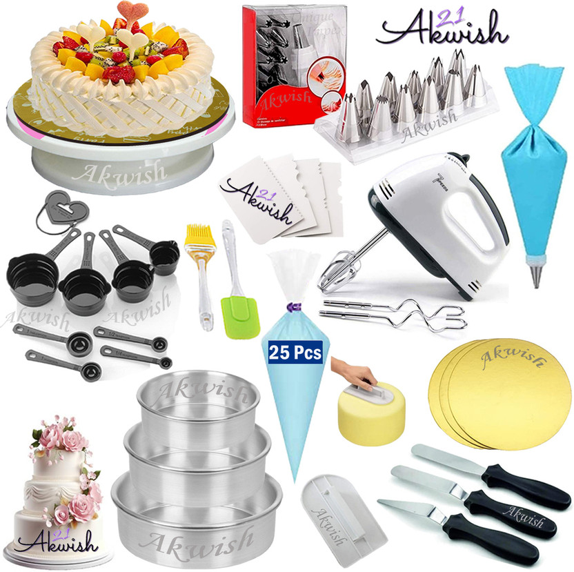 Akwish cake making materials, cake baking set, baking kit combo,cake decorating items-4 Kitchen Tool Set(Multicolor, Baking Tools, Blender, Brush, Knife, Spatula, Cooking Spoon, Measuring Jug)