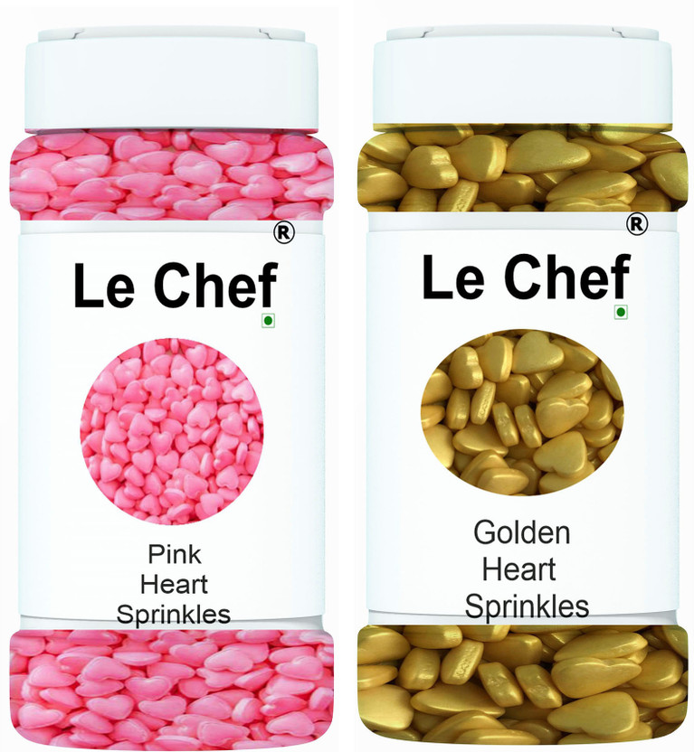 Le cHef Premium Pink+Golden Heart Shaped Sprinkles | Ideal For Cake Decoration Sprinkles(200 g, Pack of 2)