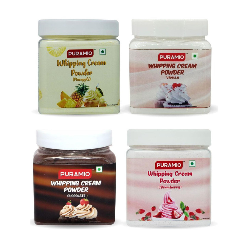 PURAMIO Whipping Cream Powder Combo Pack of 4- Vanilla, Chocolate, Pineapple and Strawberry, each 250g Icing(1 kg, Pack of 4)