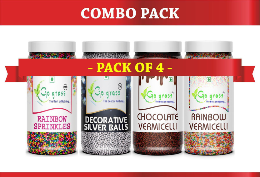 GO GRASS Combo of Rainbow + Chocolate Vermicelli & Rainbow + Silver Balls | 80 GRAM EACH Sprinkles(320 g, Pack of 4)