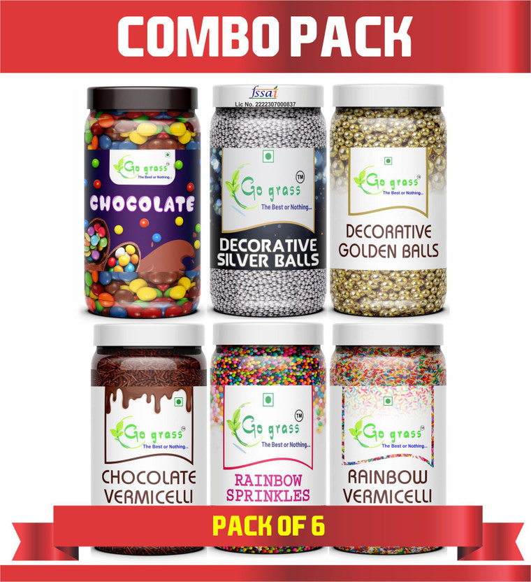 GO GRASS Combo of Vermicelli |Golden + Silver Balls| Chocolate + Rainbow Balls / 80G EACH Sprinkles(480 g, Pack of 6)