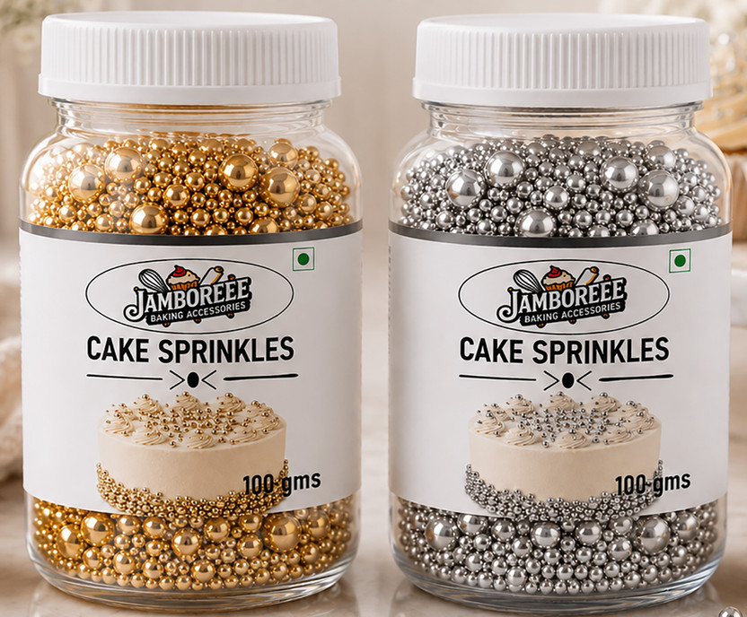 JAMBOREE JAMBOREE Metallic Gold & Silver Pearl Cake Sprinkles Combo Pack 2 x 100g Sprinkles(200 g, Unflavoured, Pack of 2) - Flipkart Deal