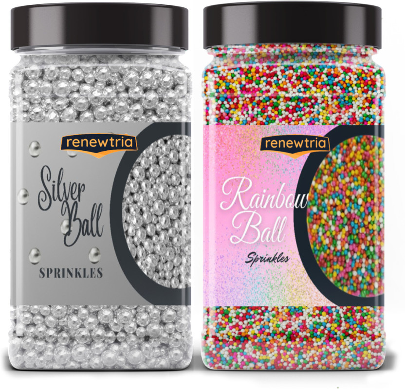 RENEWTRIA Decorative Silver Balls & Rainbow Sugar Sprinkles for Cake Decoration 200g EACH Sprinkles(400 g, Pack of 2)