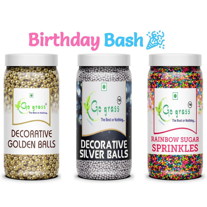 GO GRASS Birthday Bash ,Variety of Cake Sprinkles for Cupcakes & More / EACH 80GRAM Sprinkles(240 g, Pack of 3)