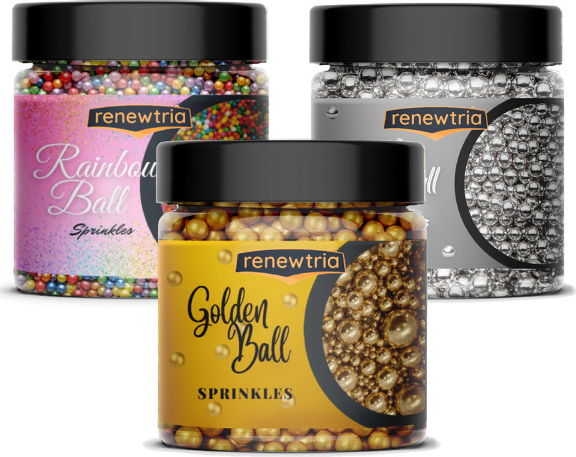 RENEWTRIA Sprinkles pack of 80g EACH ( Golden Ball + Silver Ball + Rainbow ) Sprinkles(240 g, Pack of 3)