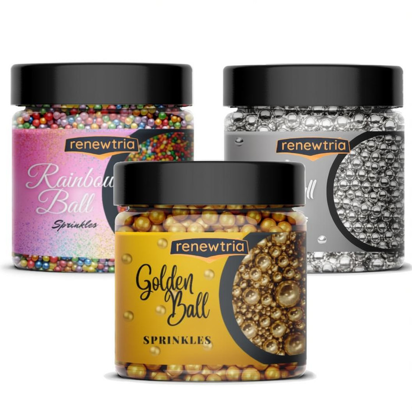 RENEWTRIA Sprinkles pack of 80g EACH ( Golden Ball + Silver Ball + Rainbow ) Sprinkles(240 g, Pack of 3)