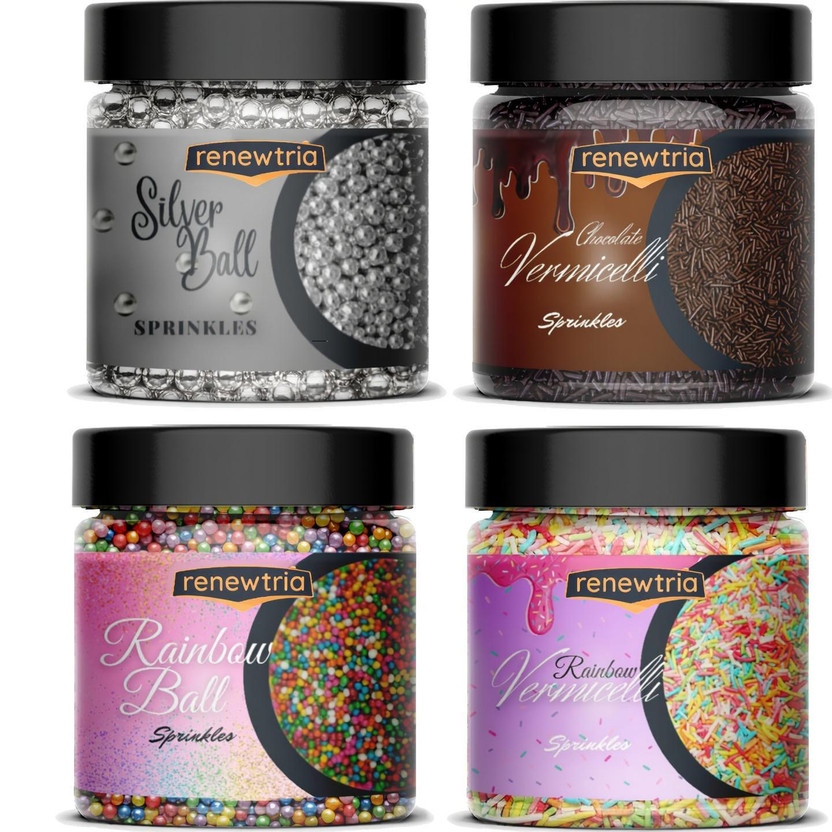 RENEWTRIA Combo of Rainbow + Chocolate Vermicelli & Rainbow + Silver Balls | 80 GRAM EACH Sprinkles(320 g, N\A, Pack of 4)