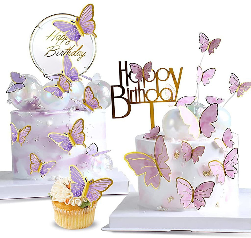 PROBEROS 22 pcs Cute Butterfly Cake Decorations,2 Cakes Decorate for Birthday Girl Cake Topper(Pink Pack of 22)