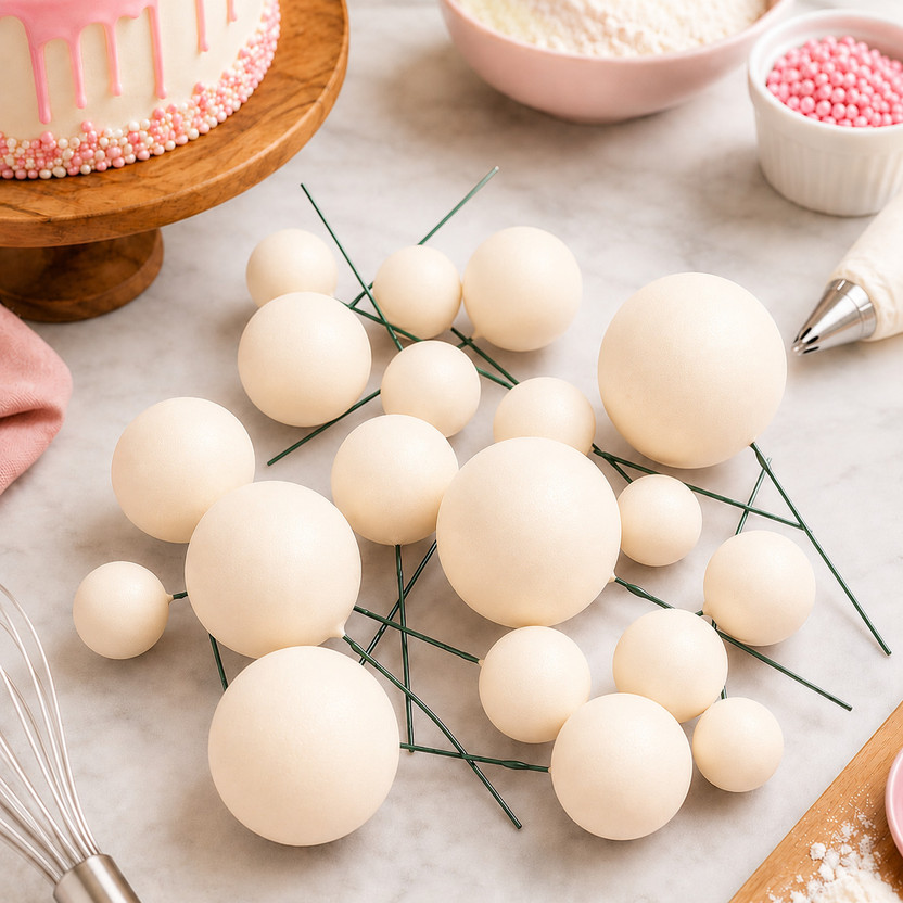 Durgma 20PCS Faux Ball Cake Decoration Topper Set Reusable Faux Cake Balls Cake Topper(LIGHT BEIGE Pack of 20)