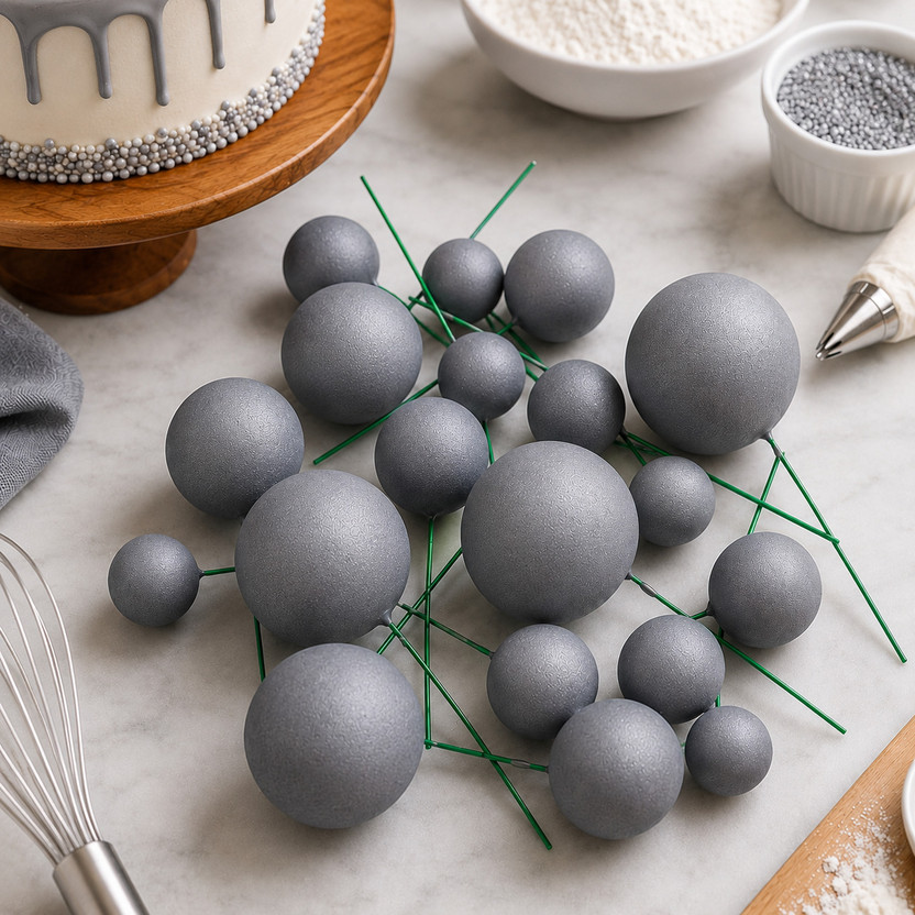Durgma 20PCS Faux Ball Cake Decoration Topper Set Reusable Faux Cake Balls Cake Topper(GREY Pack of 20)
