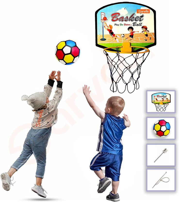 SARVDA Basket Ball For Kids | Set of Board Net, Rubber Ball, Inflating Pin , 2 Ties | Basketball - Size: 5(Kids, Pack of 1)