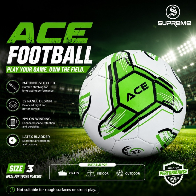 Supreme Football (Ace) Machine Stitched 32 Panel Football - Size: 3(Kids, Pack of 1, Green, White)