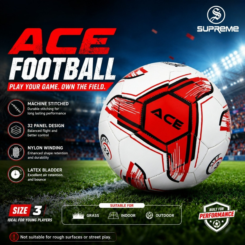 Supreme Football (Ace) Machine Stitched 32 Panel Football - Size: 3(Kids, Pack of 1, Red, White)