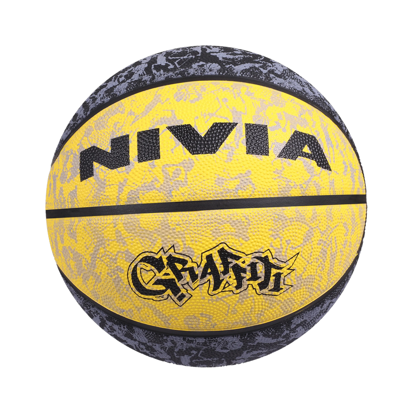 NIVIA Graffiti, 8 Panel, Rubber Moulded, Made for Beginners, Ideal for all surfaces Basketball - Size: 7(Standard, Pack of 1, Black, Yellow)