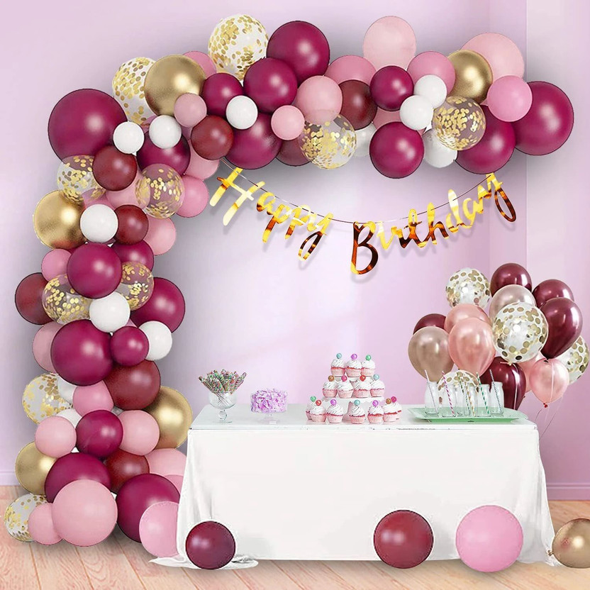PARTY PARTY MIDLINKERZ Solid Burgundy Pink Balloons girl birthday decoration kit, Light with Confetti Balloon(Multicolor, Pack of 64) - Flipkart Deal