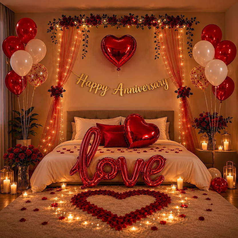 PRIMERISE Solid Happy Anniversary Decoration Items - 61pcs, Happy Anniversary Banner Balloon(Red, White, Pack of 61)
