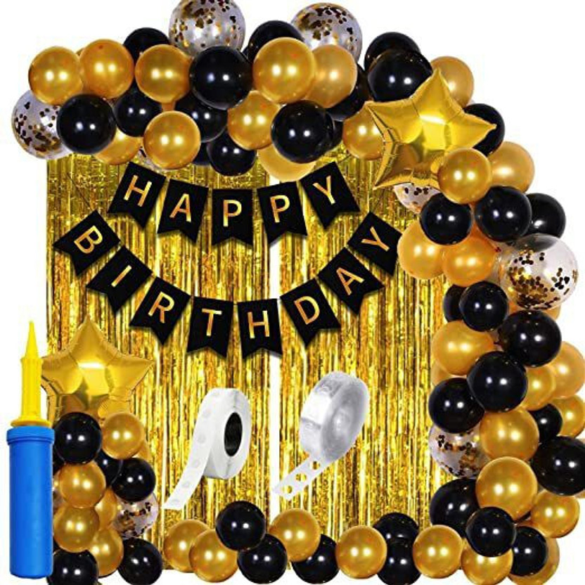 PARTY PARTY MIDLINKERZ Solid Golden Happy Birthday Decoration, 1st Birthday - 61 Pcs for Birthday Celebration Balloon(Gold, Black, Pack of 61) - Flipkart Deal