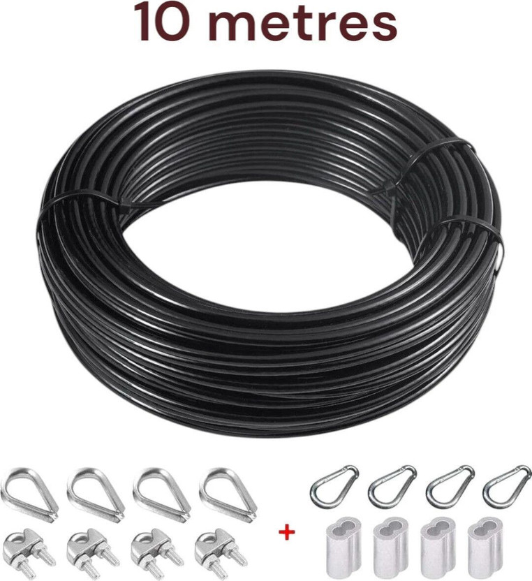 HACKERX HACKERX 10 Metres Silver PU Coated Steel Gym Cable with Hooks, U Lock & Ferrules Multi-training Bar(Black) - Flipkart Deal