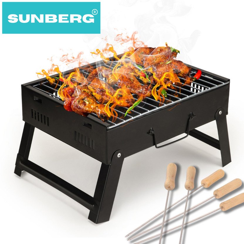 SUNBERG Portable Charcoal Barbecue Grill with 5 Stainless Steel Skewers for Outdoor Cooking | Ideal for BBQ, Camping, Tailgating, and Backyard Parties | Easy Setup and Compact Design Charcoal Grill