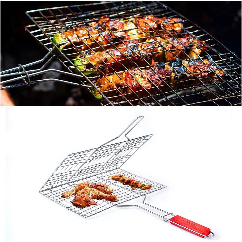 Freshome Portable Steel BBQ Grill Net Basket for Barbecue Fish, Meat, Steak Seafood Grilling Tray Plated with Wooden Handle (46.5 x 24 x 2 cm) with 0 Skewer Charcoal Grill