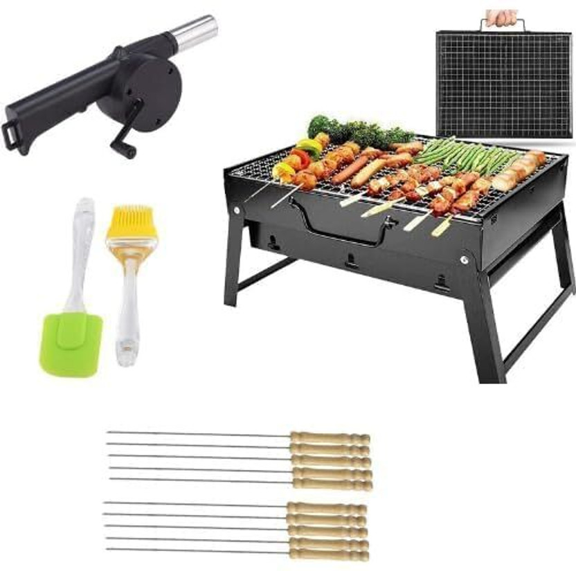TRLGOP BarbecueBasketFoldableforRoastBBQPortableGrillingBasketwithWoodHandle with 10 Skewer Charcoal Grill(Portable, Foldable)