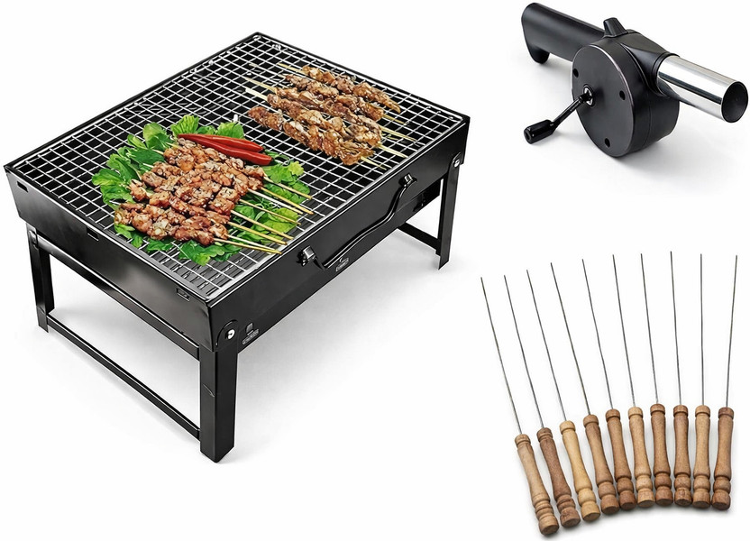 BOLPOK Traveler Foldable Charcoal Barbeque Grill With 8 Skewers & Charcoal Tray (Stellar Black), Free Standing with 8 Skewer Charcoal Grill(Portable, Foldable)