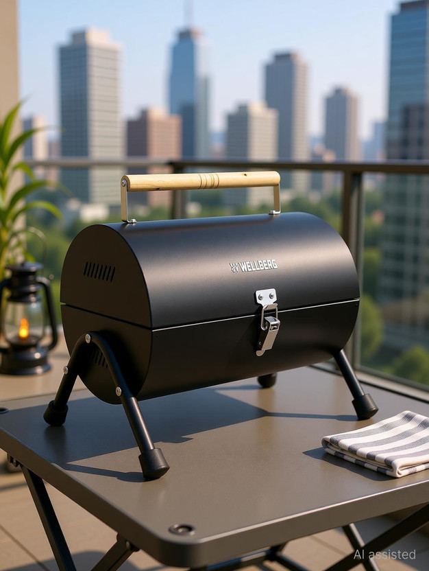 WELLBERG Barrel-Style Portable Griller with Skewer Mesh Design for Convenient Outdoor Use Charcoal Grill