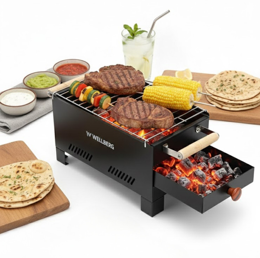 WELLBERG WELLBERG Compact Charcoal BBQ and Tandoor Grill for Home Cooking | Authentic Indian Barbecue Experience | Heavy-Duty Iron Body Built for High Temperature Cooking with 6 Skewer Charcoal Grill(Portable) - Flipkart Deal