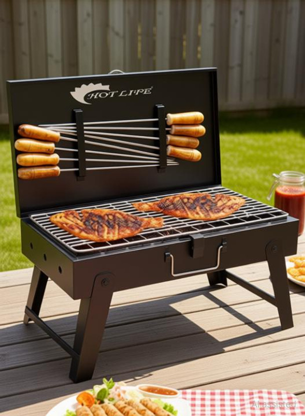 HOT LIFE BriefcaseCharcoalGrillBarbequewith8Skewers,1Grill with 8 Skewer Charcoal Grill(Portable, Foldable)