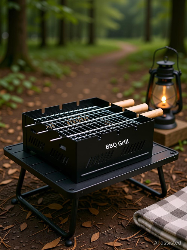 BBQ Grill Mini Portable Charcoal Barbeque Grill with Grill Rack & 3 Wooden Handle Skewers – Perfect for Outdoor Cooking, Camping, Garden & Home Party Barbecues Charcoal Grill