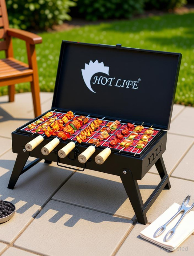 HOT LIFE Briefcase Style Traveler Foldable Charcoal With 5 skewers with 5 Skewer Charcoal Grill(Portable, Foldable)