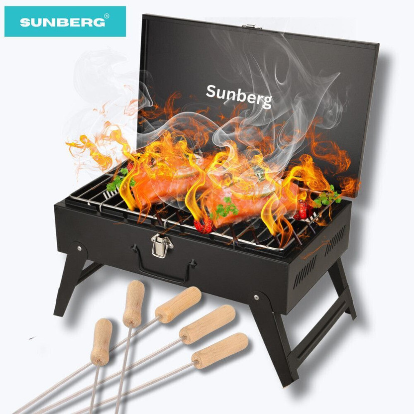 SUNBERG Portable Briefcase Barbecue Grill with Foldable Design | Ideal for Camping, Picnics, and Outdoor Grilling – Compact, Durable, and Easy to Use with 5 Skewer Charcoal Grill(Portable, Foldable)