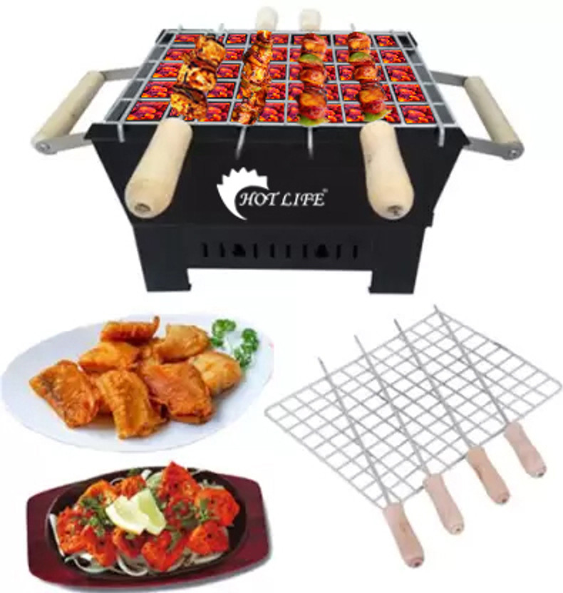 HOT LIFE SmallCharcoalGrillWith4WoodenHandleSkewers with 4 Skewer Charcoal Grill
