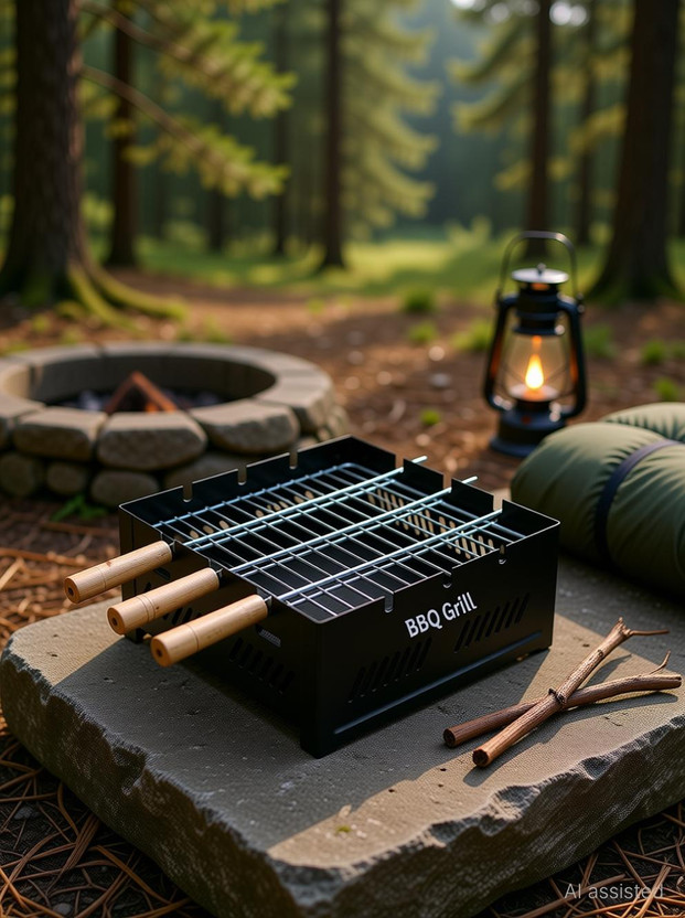 BBQ Grill Portable Iron Charcoal Barbeque Grill with Grill Rack & 3 Skewers – Lightweight, Durable Outdoor Barbecue Cooker for Camping, Picnic, Balcony & Garden Charcoal Grill