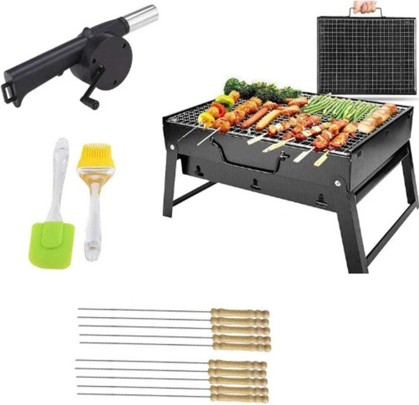 RAYHUNT Barbecue Grills - Foldable Charcoal Barbeque Grill With (2 Spatula, 1 Bbq, 12 Stick) | Outdoor bbq grill tools for Camping Picnics Traveling - Stellar Black Charcoal Grill Charcoal Grill