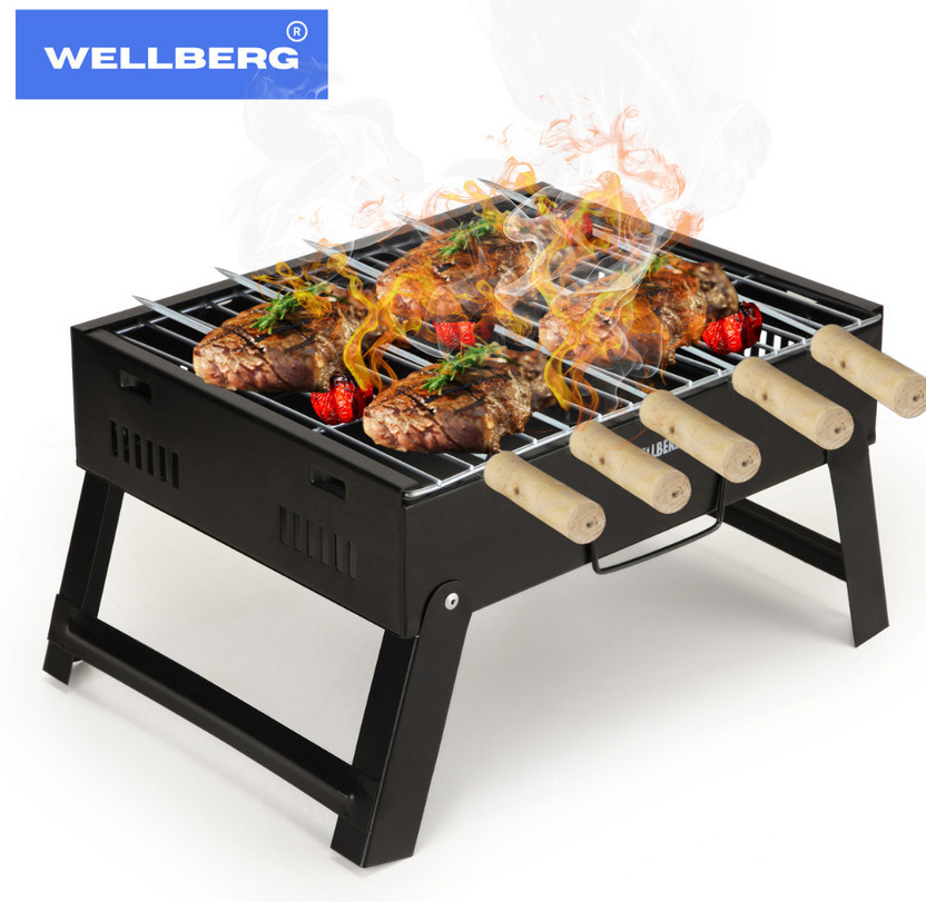 WELLBERG Portable Tabletop Charcoal Barbecue Grill for Outdoor Cooking with 5 Stainless Steel Skewers | Ideal for BBQ, Camping, Picnic, Backyard, and Party Grilling | Compact and Durable Design for Easy Use Charcoal Grill